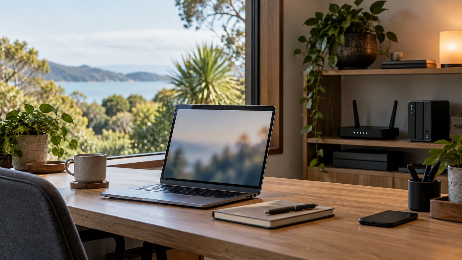 Laptop and network equipment on a small office desk
