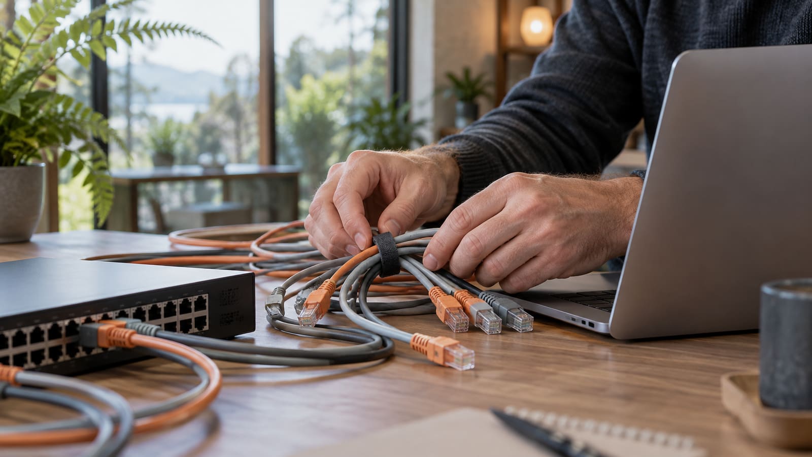 Hands organising patch cables beside a laptop on a tidy desk