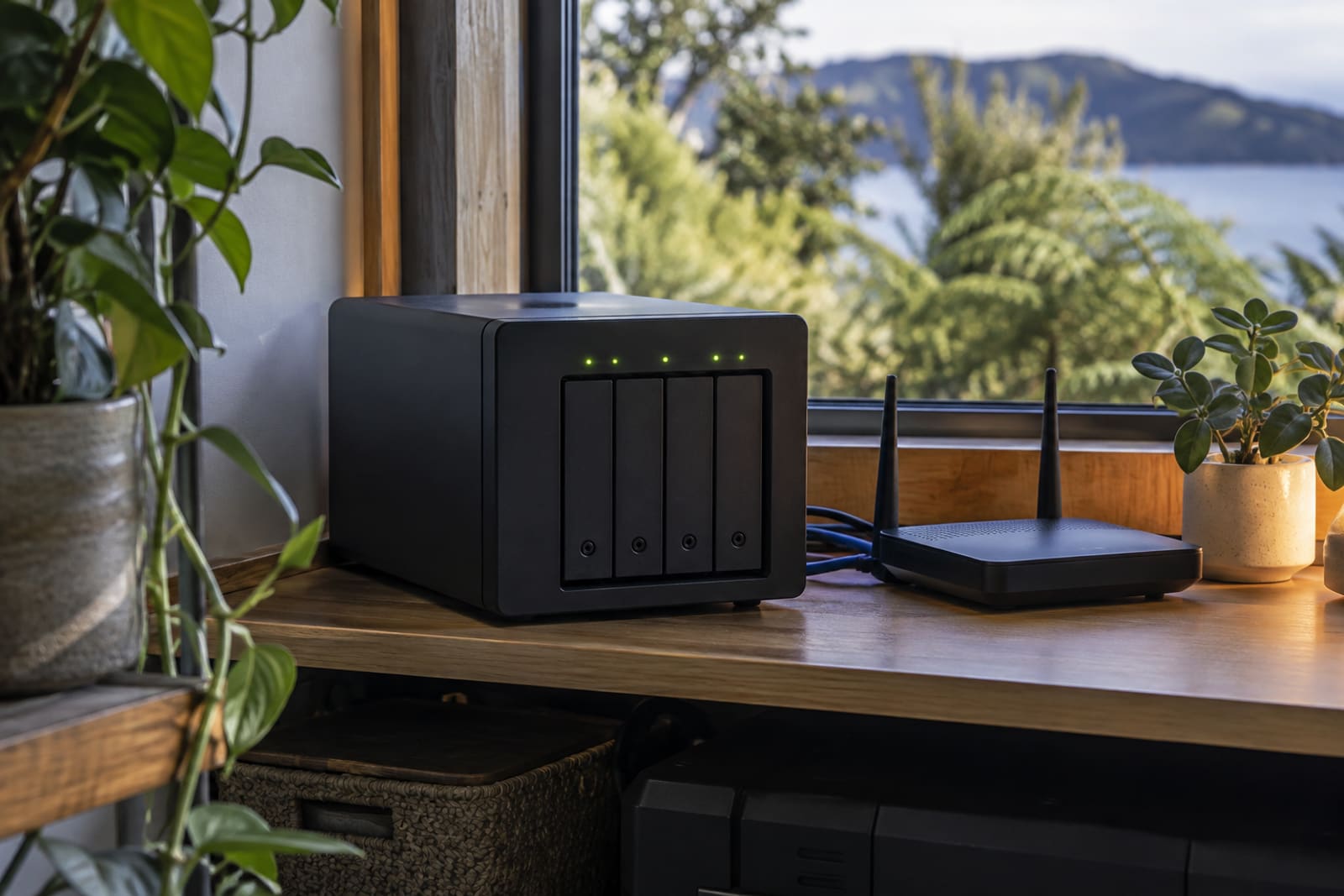 Network storage and a router on a tidy timber shelf