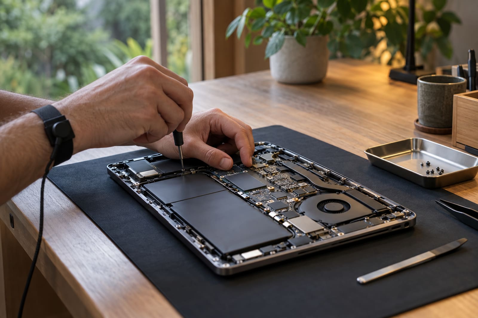 Hands repairing an open laptop on a clean workbench
