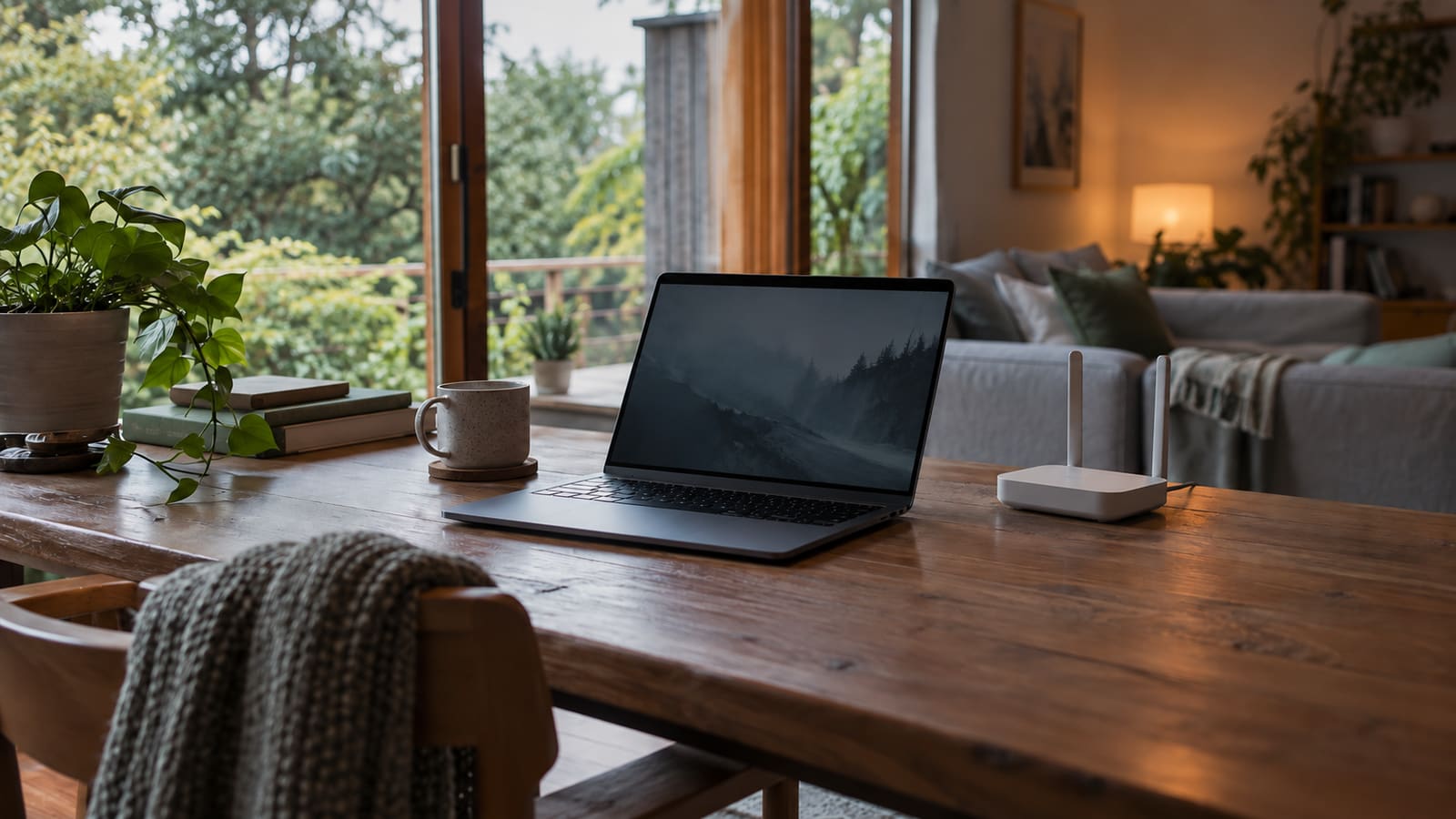 Laptop and router in a lived-in home workspace