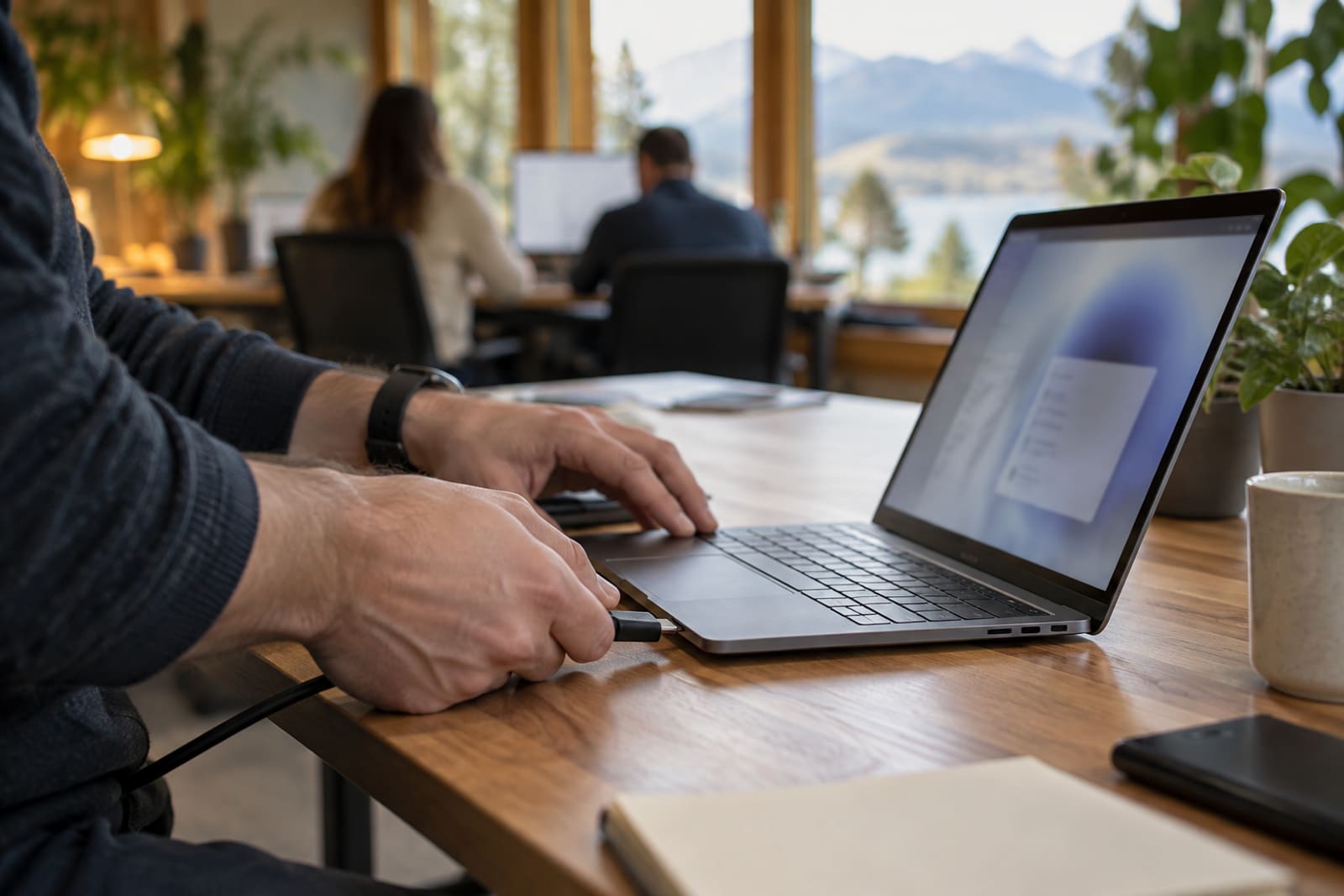 Hands connecting a cable to a laptop in a small office