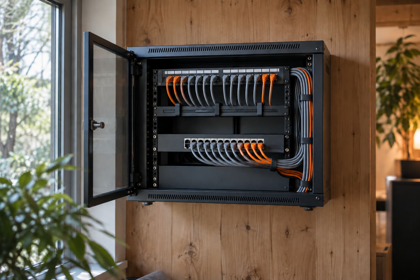 Organised patch cables in a small office network cabinet